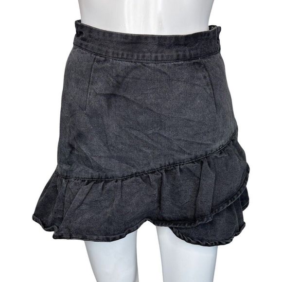 Forever‎ 21 Skirt Womens Small Black Denim Mini Skirt Retro Y2K Layered Ruffle - Picture 1 of 7